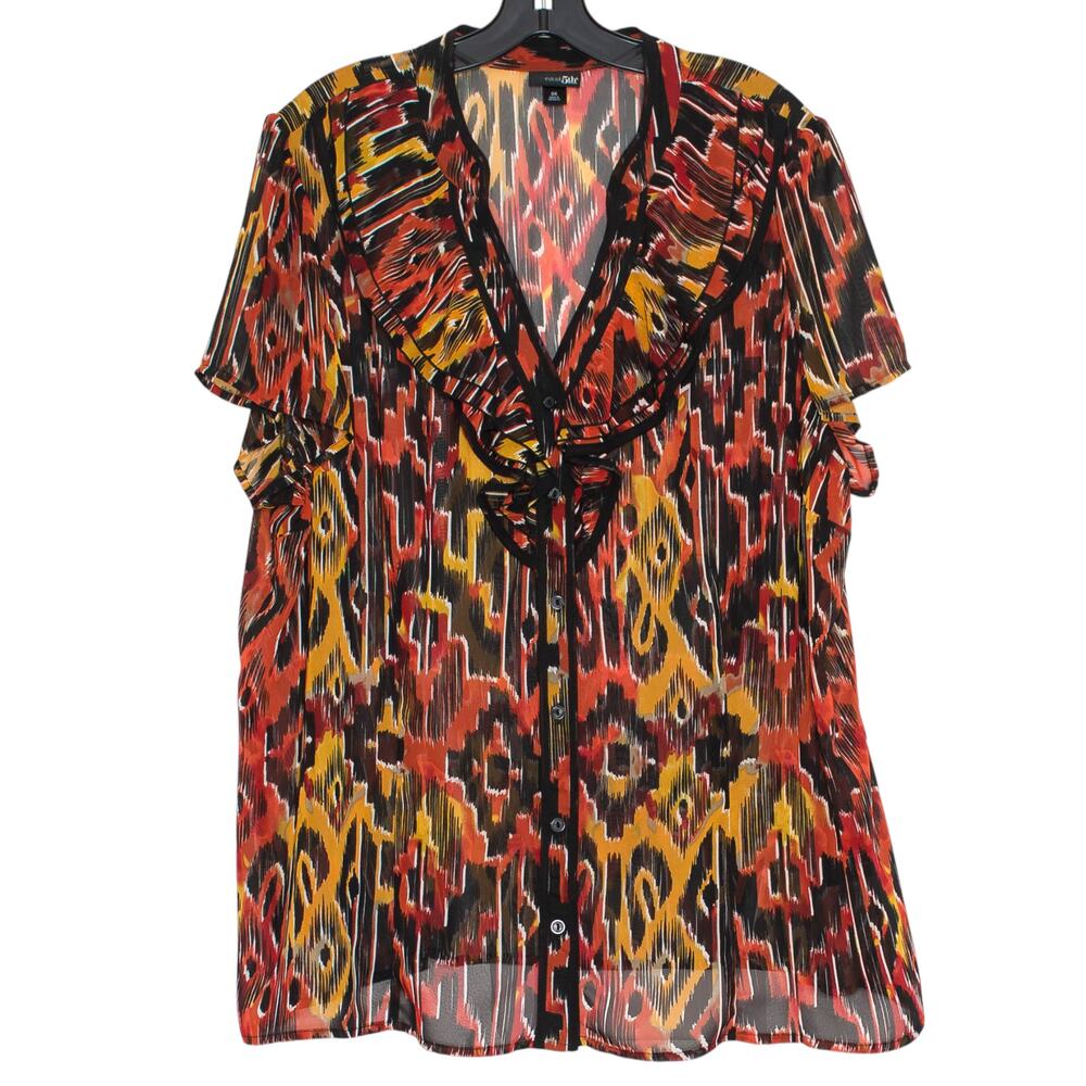 Ruffle Neck Button Up Top Plus Size 3X Boho Tribal Ikat Southwestern Lightweight